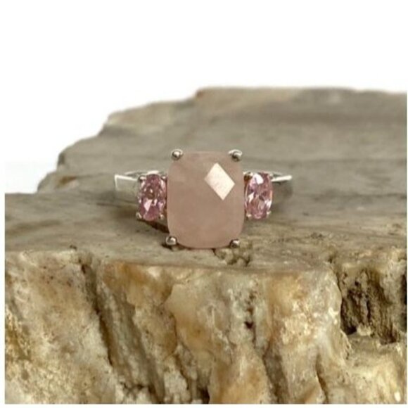 Sterling Silver 925 Thailand Faceted Prong Set Rose Quartz Pink CZ Ring Sz 5.75 - Picture 3 of 16